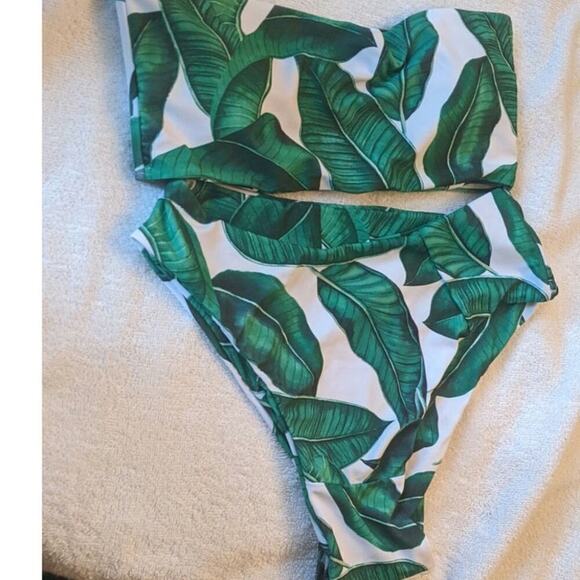 Palm Leaf Print Bikini Medium, High Wasted Bottoms, Tube Top - Picture 1 of 5